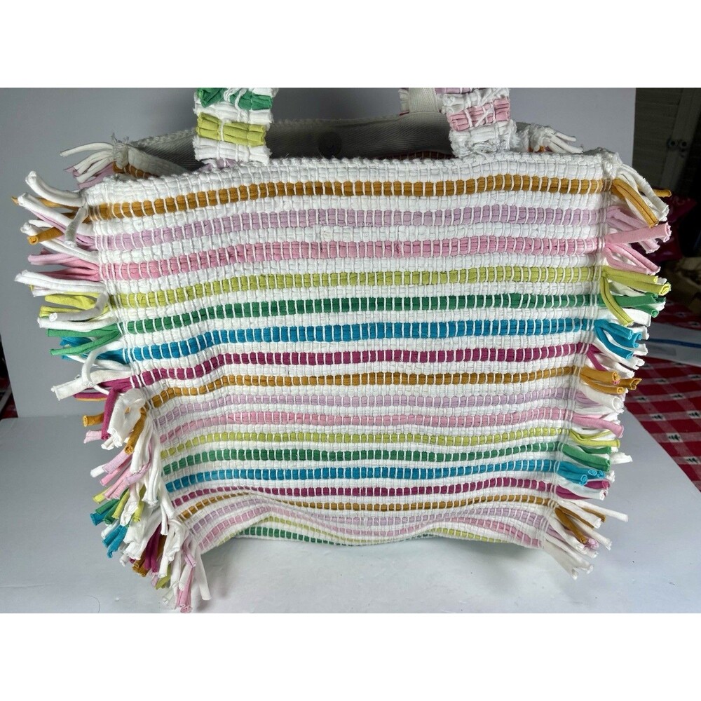 Shiraleah Chicago Recycled Cotton Rag Tote Bag Multi-Color Striped Boho Fringe - Picture 2 of 14